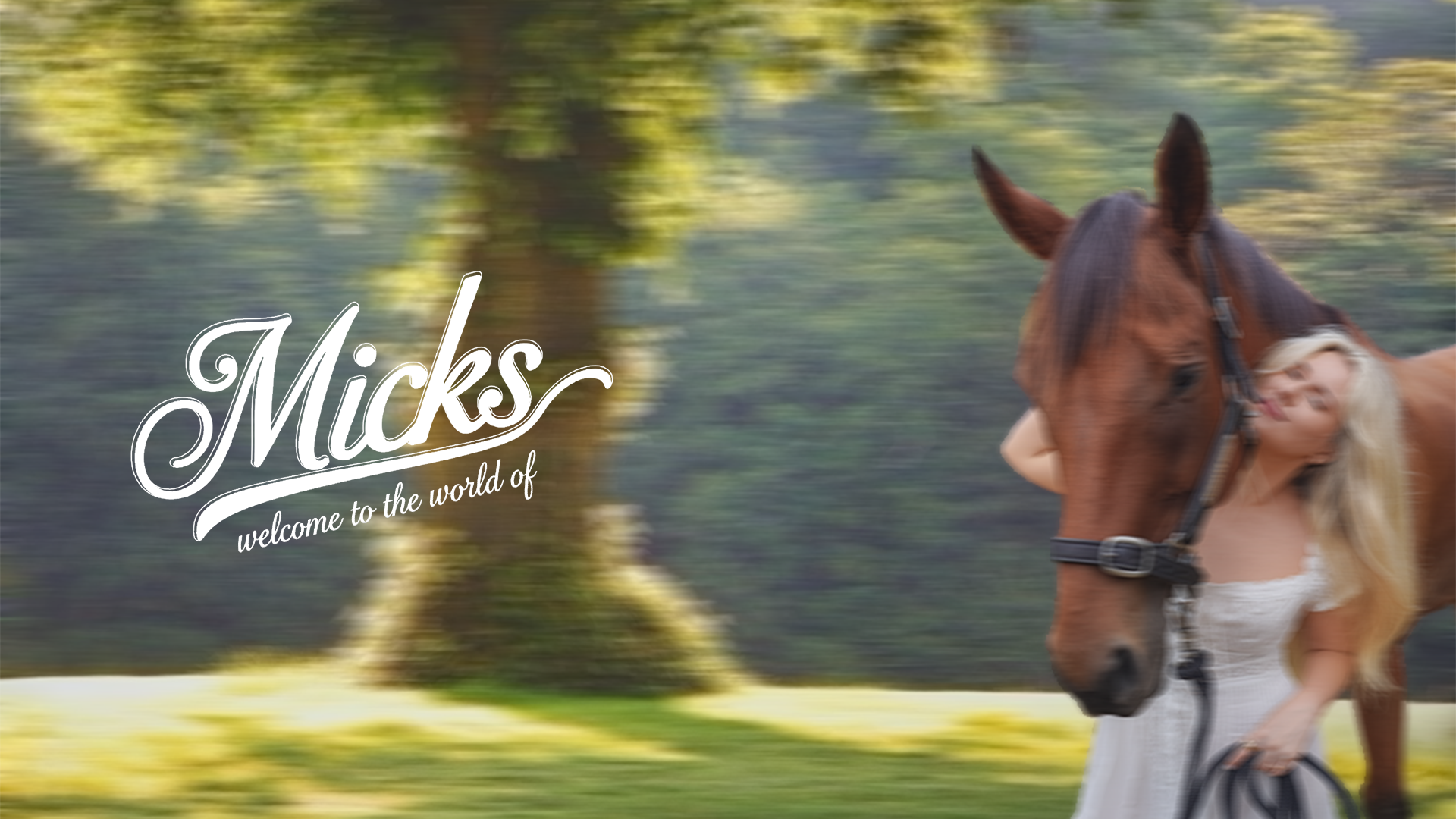 Micks with a brown horse in a field under a tree. Text: Welcome to the world of Micks.