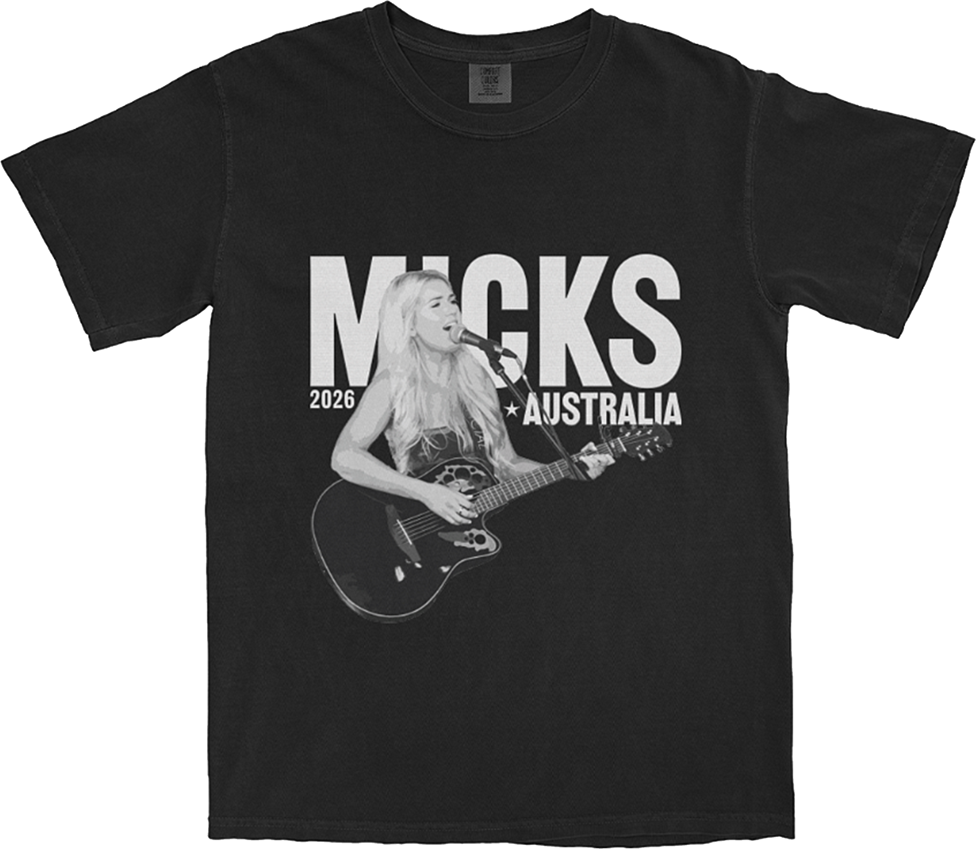 Washed black t-shirt with a live performance photo of Micks and the text 'Micks Australia 2026' in a stylised tour art layout.
